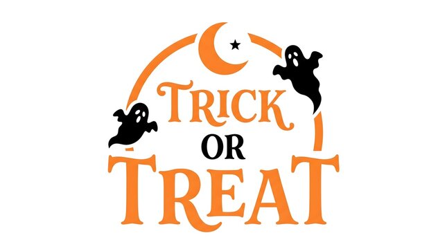 Festive halloween graphic with trick or treat text ghosts and a crescent moon