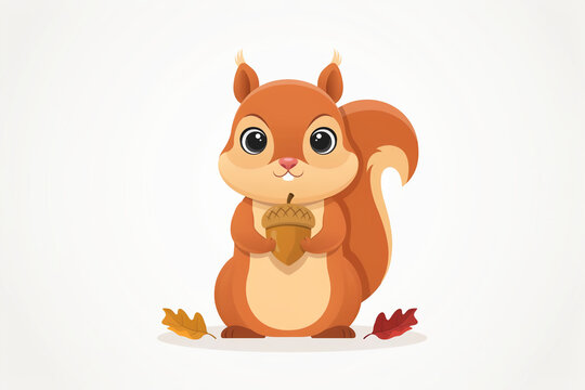Cute cartoon squirrel holding an acorn. Adorable forest animal character with autumn leaves. Brown squirrel illustration for kids.