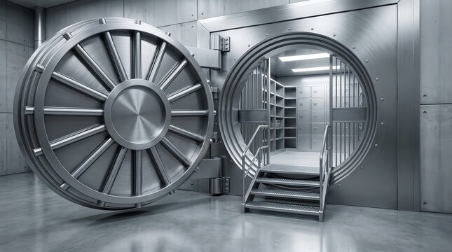 An open massive steel vault door revealing a secure interior.