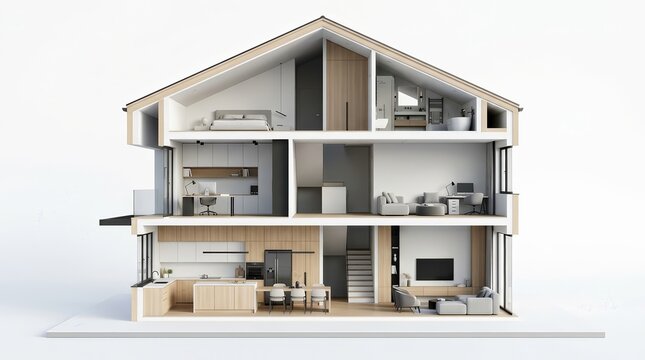 3D rendering of a modern minimalist house cross-section featuring a detailed interior layout.