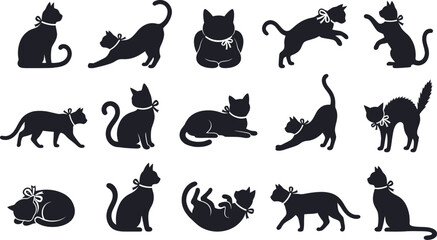 Obraz premium Collection of various black cat poses for creative holiday design projects featuring a distinct and minimalist artistic halloween cat silhouette