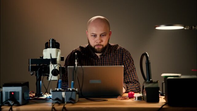 Electronics technician inspecting a laptop at a workbench