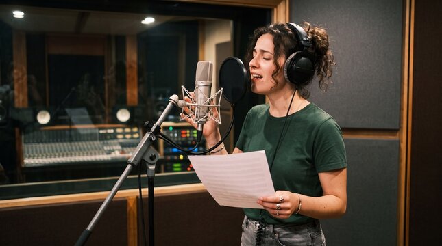 Young woman singing passionately into a professional microphone in a recording studio with soundproofing