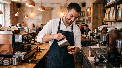 Fototapeta premium Professional Barista Making Coffee in Stylish Café Interior