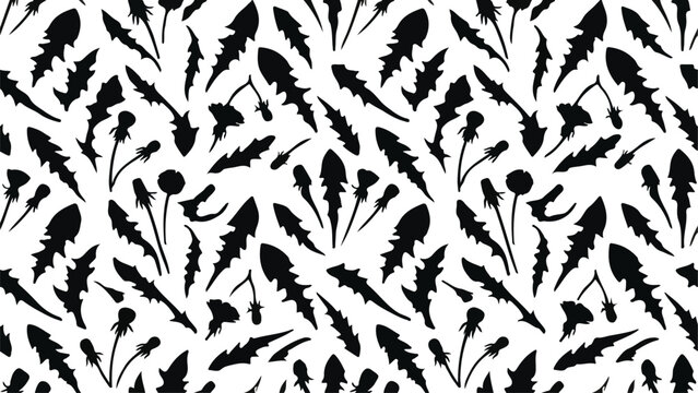 Dandelion leaves and flower buds black and white seamless pattern