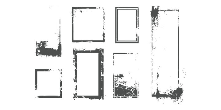 Dark grey distressed grunge rectangular photo frames and rough vintage textured borders collection vector illustration.