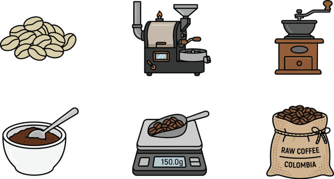 Coffee processing flat vector illustration set with beans roasting grinding and brewing items.