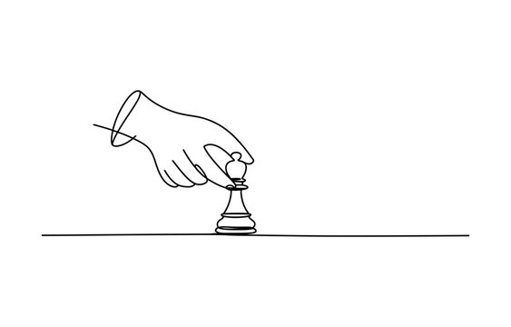 Continuous single line drawing of a human hand moving a chess bishop piece during a strategic game match Vector, illustration