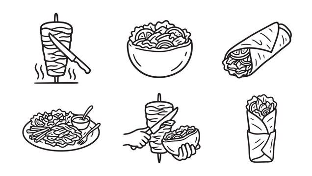 Shawarma kebab meat skewer wrap and salad bowl line art vector icons with shawarma restaurant takeaway delicious collection monochrome isolated