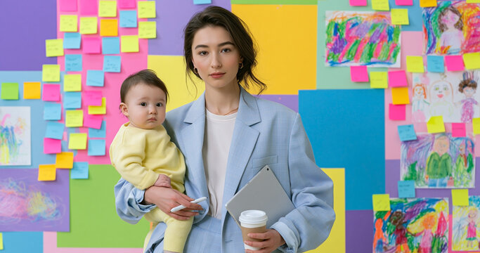 Creative working mother holding baby, tablet and coffee in colorful studio, representing motherhood, career, multitasking, design and balance between family and work
