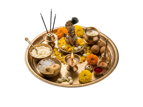 Hyper-realistic Janmashtami devotional food offering featuring Krishna idol, makhan, mishri, peda, kheer and traditional Indian sweets, isolated as a transparent PNG.
