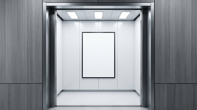 Modern elevator cabin with a blank vertical poster mockup.