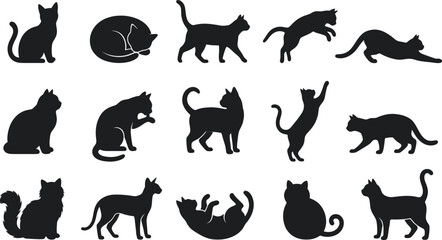 Fototapeta premium Collection of various black cat poses isolated on a white background for a spooky and festive halloween cat themed silhouette