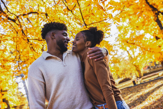 Whispered secrets and warm smiles under autumn leaves