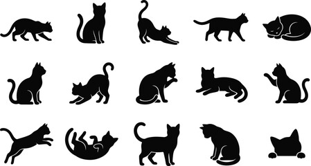 Obraz premium Collection of various black cat poses for creative design projects featuring a distinctive and artistic graphic style of a halloween silhouette