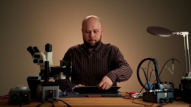 Repair technician inspecting open laptop at electronics bench