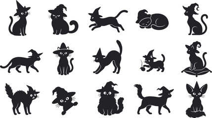 Fototapeta premium A collection of various cute halloween cat characters wearing witch hats presented in a clean and simple black graphic art silhouette