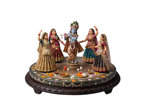 Hyper-realistic miniature devotional Jhanki inspired by Krishna's Raas Leela, featuring Krishna with flute and traditional figurines in an elegant isolated transparent PNG tableau.
