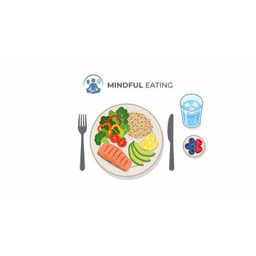 Mindful eating concept plate with salmon vegetable salad and water for healthy life.