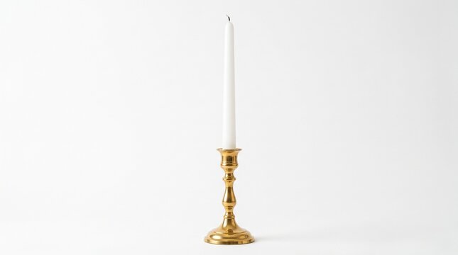 A single white taper candle stands tall in a polished brass candlestick against a clean white background