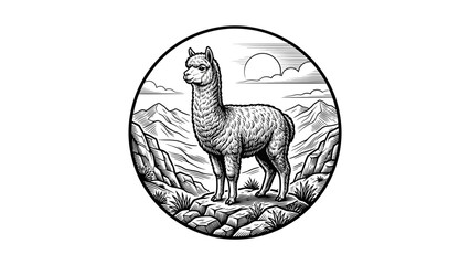 Naklejka premium Circular alpaca woodcut in mountains.