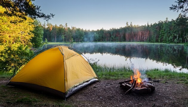 peaceful camping scene with yellow tent pitched near calm lake surrounded by dense forest and small campfire glowing warmly in early morning light