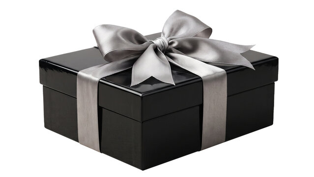 Shiny black gift box with silver ribbon and bow, elegant present isolated on transparent background