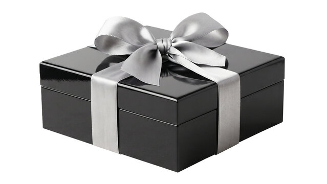 Shiny black gift box with silver ribbon and bow, elegant present isolated on transparent background