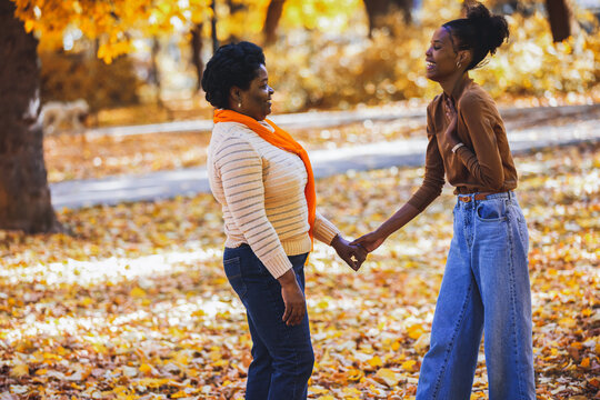 Playful moments on a leaf-strewn park path