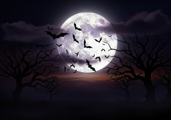 Fototapeta premium Mysterious nocturnal scene with bats flying around a full moon over bare trees