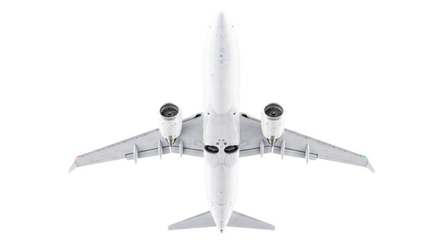 Airplane underside with visible engines in flight, isolated aircraft view from below on transparent background