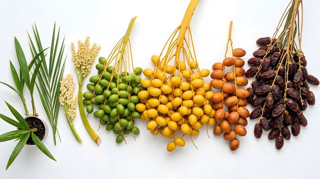 Fresh date palm fruit growth stages from bud to ripe harvest on white background