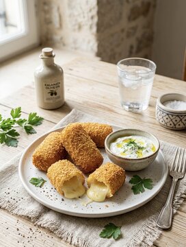 Traditional Greek Kasero-kroketes, Golden Crispy Fried Kasseri Cheese Croquettes with Tzatziki Dip.