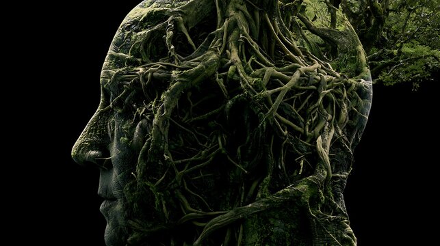 Prompt: A striking ecological double exposure. A clean black head silhouette is filled with a dense, chaotic network of gnarled, mossy tree roots winding tightly inside the profile, symbolizing 