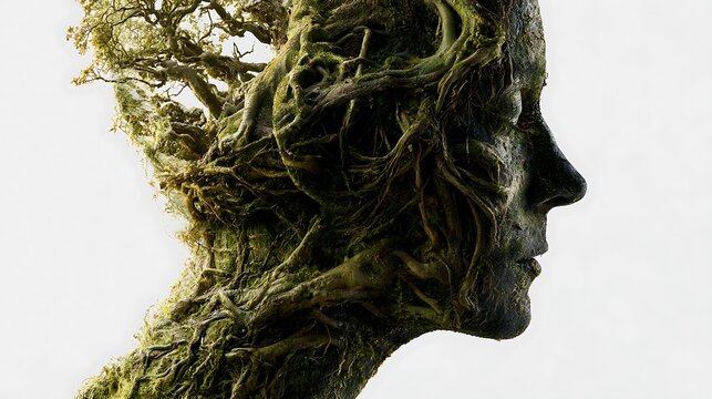 Prompt: A striking ecological double exposure. A clean black head silhouette is filled with a dense, chaotic network of gnarled, mossy tree roots winding tightly inside the profile, symbolizing 