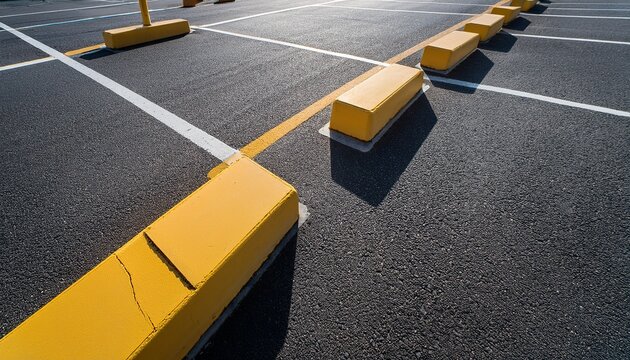 angled view of asphalt parking lot with yellow painted lines and concrete wheel stop barriers