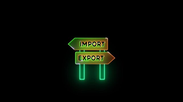 Neon glowing import export text video animation on black background.