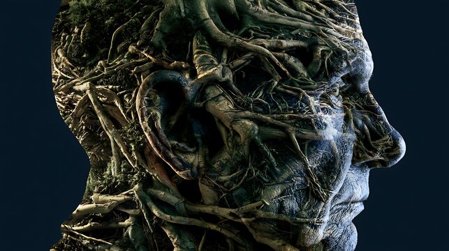 Prompt: A striking ecological double exposure. A clean black head silhouette is filled with a dense, chaotic network of gnarled, mossy tree roots winding tightly inside the profile, symbolizing 
