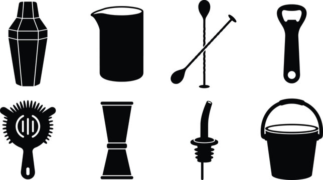 Black silhouette collection of cocktail bar tools and professional bartending equipment