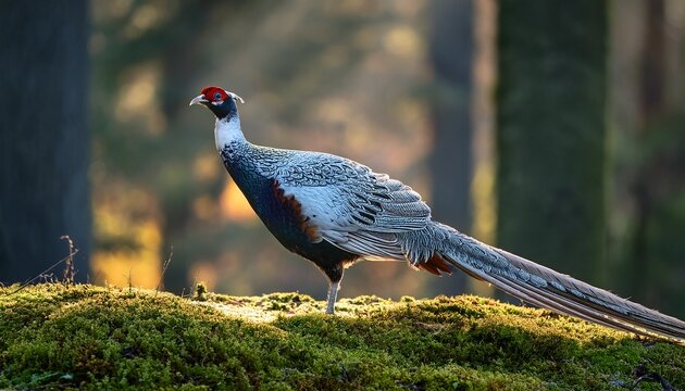 gray peacock pheasant standing on a mossy patch of the ground