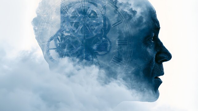 Prompt: A striking industrial-natural mindscape. Inside a crisp profile silhouette is a double exposure of a cyanotype blueprint grandfather clock gear mechanism fading beautifully into heavy, 