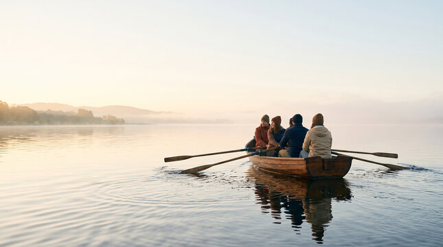 Teamwork and journey concept, group of friends rowing wooden boat on calm lake water at misty sunrise