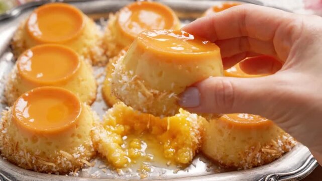 Macro Overhead Shot of Glossy Golden Quindim Coconut Custards Cooling on a Tray
