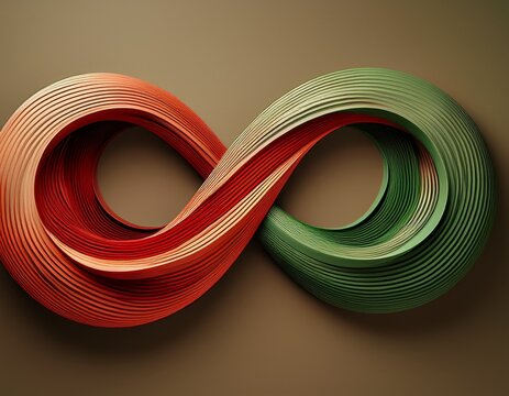 abstract infinity loop shape formed by intertwining wavy ribbons in earthy green and red tones