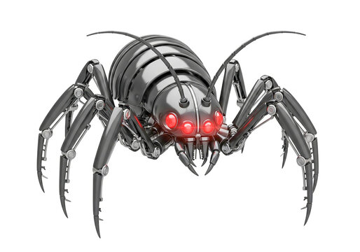Mechanical robot spider with glowing red eyes
