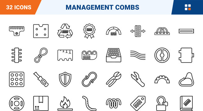 Cable Management Combs line icon set. Vector pictograms of wire organizer, cable clip, server rack, and cable routing elements, thin linear illustration.