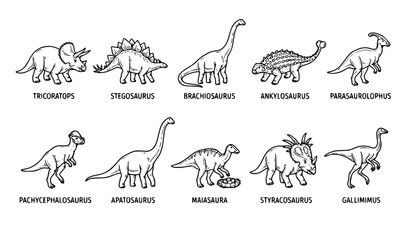 Dinosaur species outline collection, prehistoric wildlife vector set, jurassic dinosaur line art with labels © MdSobuj