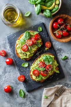 Overhead view of two avocado toasts topped with cherry tomatoes basil and olive oil on dark slate board