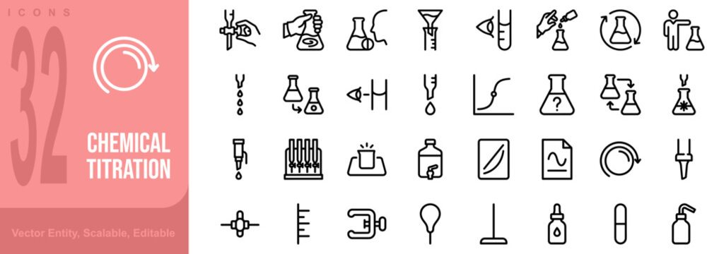 Chemical titration line icon set. Includes symbols for burette Erlenmeyer flask indicator and volumetric drop. Line vector icons for analytical chemistry and lab experiments.