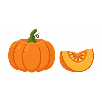 Whole pumpkin and slice with seeds for autumn harvest and healthy cooking.